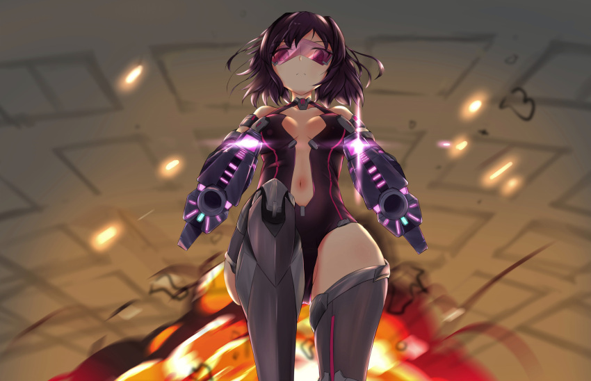1girl, android, bare_shoulders, black_hair, breasts, commentary, dual_wielding, explosion