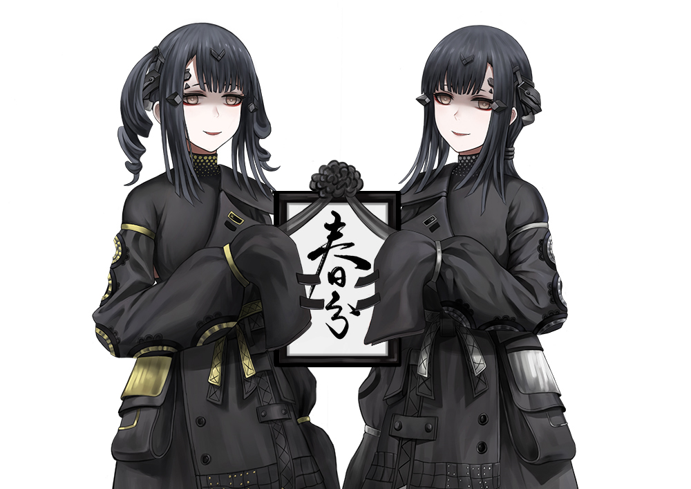 2girls, android, black_coat, black_hair, coat, drill_hair, girls_frontline, light_brown_eyes