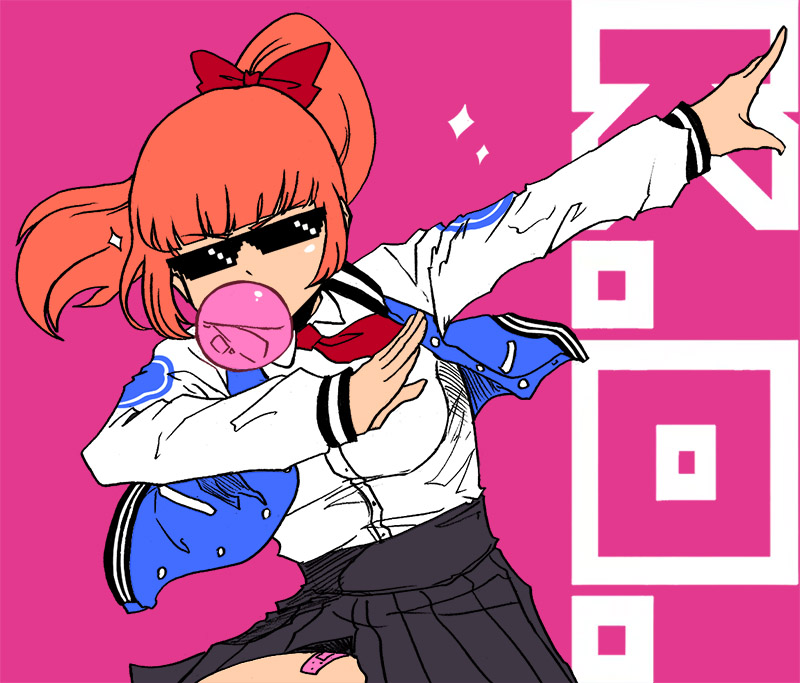 +, bandaid, black_skirt, bow, bubble_blowing, chewing_gum, dab_(dance), deal_with_it