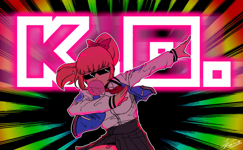 +, bandaid, black_skirt, bow, bubble_blowing, chewing_gum, dab_(dance), deal_with_it
