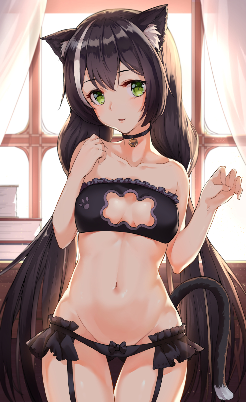 1girl, animal_ear_fluff, animal_ears, bandeau, bangs, bare_arms, bare_shoulders, bell