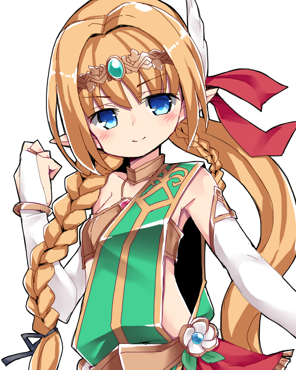 1girl, awakening_(sennen_sensou_aigis), bangs, blonde_hair, blue_eyes, blush, bracelet, braid, bridal_gauntlets, circlet, clenched_hand, elf, flat_chest, hair_ornament, hair_ribbon, jewelry, long_hair, looking_at_viewer, nemui_(nemui), pointy_ears, quill_(sennen_sensou_aigis), red_ribbon, ribbon, sennen_sensou_aigis, smile, solo, upper_body