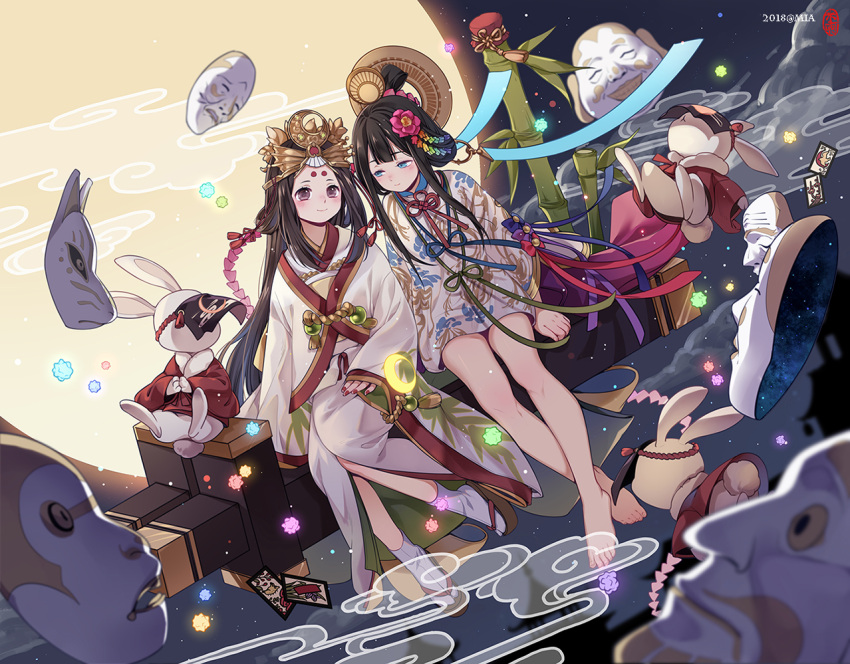 2girls, animal, bamboo, bamboo_print, bare_legs, barefoot, black_hair, blue_eyes