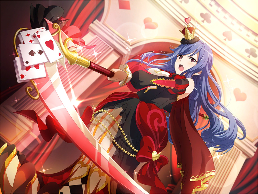 cards, dress, kochou_shizuha, long_hair, purple_hair, red_eyes, shoujo_kageki_revue_starlight, smile