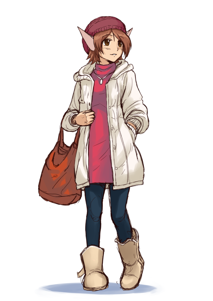 1girl, animal_ears, bag, blush, boots, brown_eyes, brown_hair, casual, eyebrows_visible_through_hair, finalcake, full_body, hat, holding, holding_bag, jacket, jewelry, looking_to_the_side, necklace, pants, red_shirt, sakuya_(utawareru_mono), shirt, short_hair, simple_background, sketch, smile, solo, standing, utawareru_mono, white_background