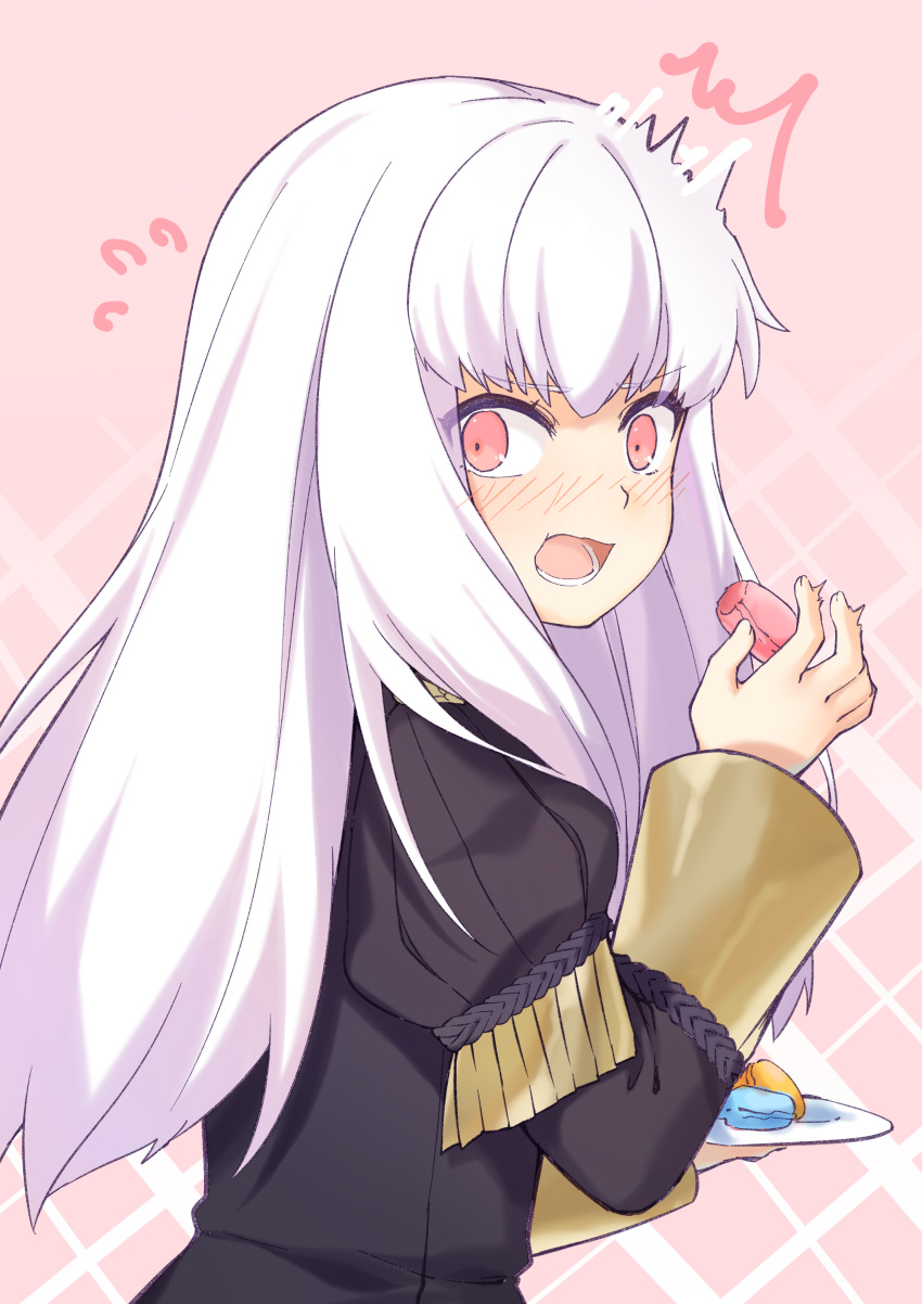 /\/\/\, 1girl, absurdres, bangs, blush, eating, epaulettes, fire_emblem