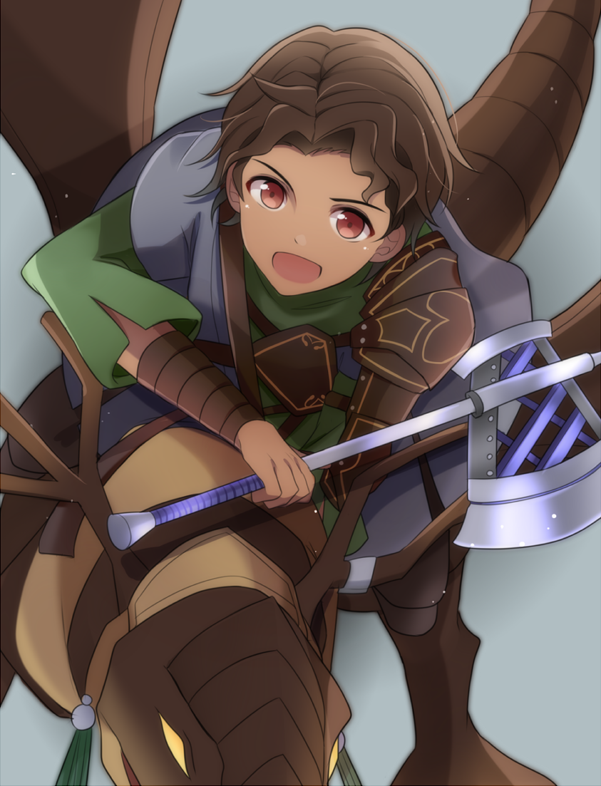 1boy, axe, bat_wings, bracelet, brown_hair, cyril_(fire_emblem), dark_skin, dragon, dragon_horns, fire_emblem, fire_emblem:_three_houses, grey_background, horns, jewelry, open_mouth, pimi_(ringsea21), red_eyes, solo, wings
