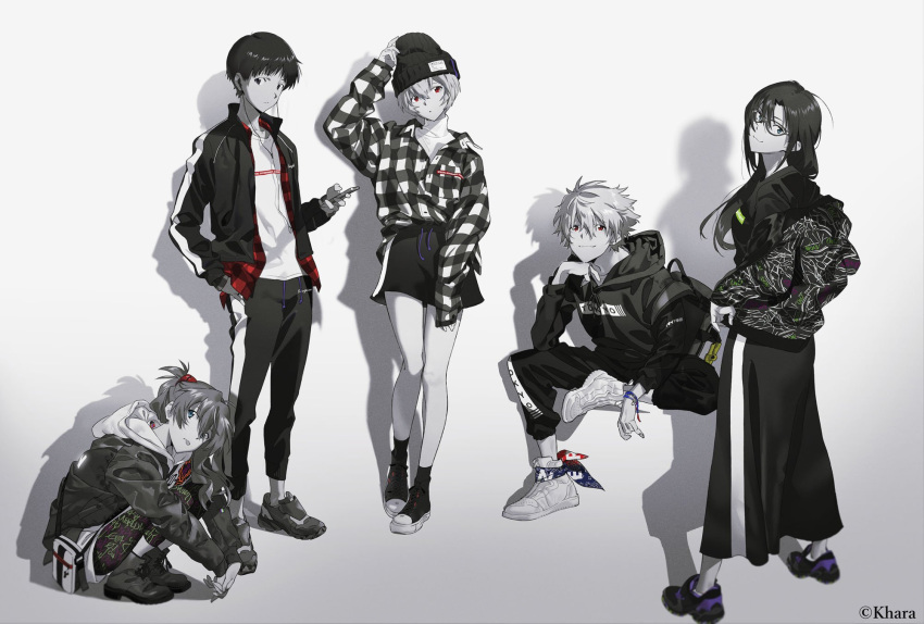 2boys, 3girls, arm_up, ayanami_rei, bag, bangs, beanie, black_hair
