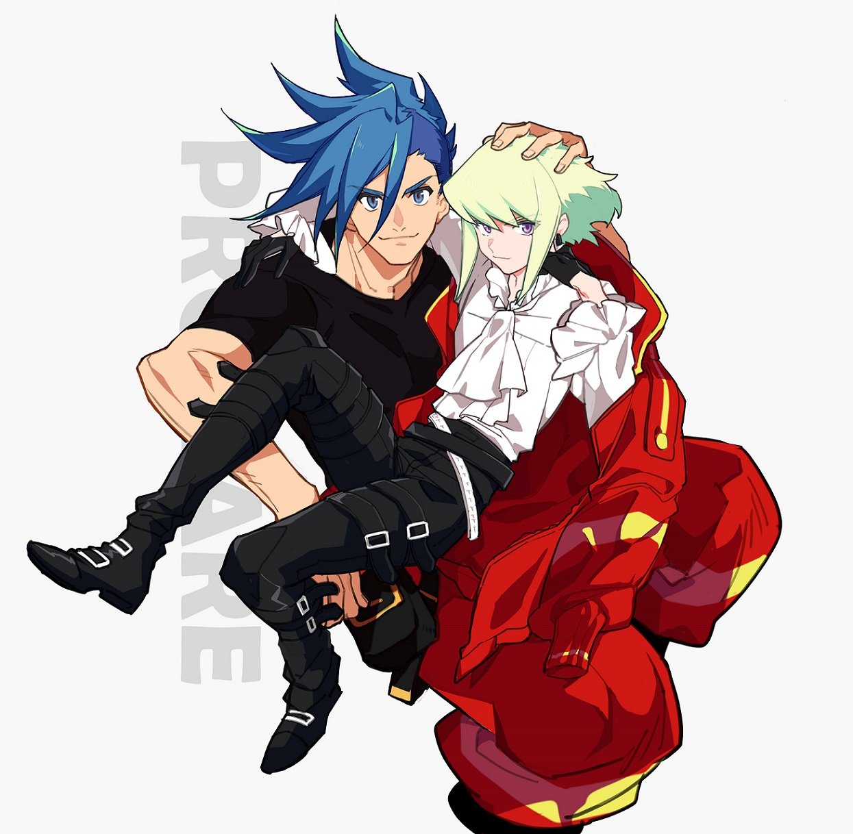 2boys, baggy_pants, black_gloves, black_jacket, blue_hair, cravat, galo_thymos, gloves, green_hair, half_gloves, hand_on_another's_head, highres, jacket, jacket_on_shoulders, jionghai, lio_fotia, looking_at_viewer, male_focus, multiple_boys, pants, promare, short_hair, sitting, sitting_on_lap, sitting_on_person, smile, spiky_hair, violet_eyes