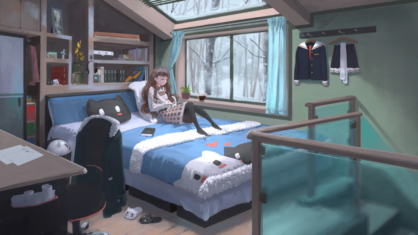 1girl, animal, artist_self-reference, bangs, bedroom, black_legwear, blunt_bangs, book