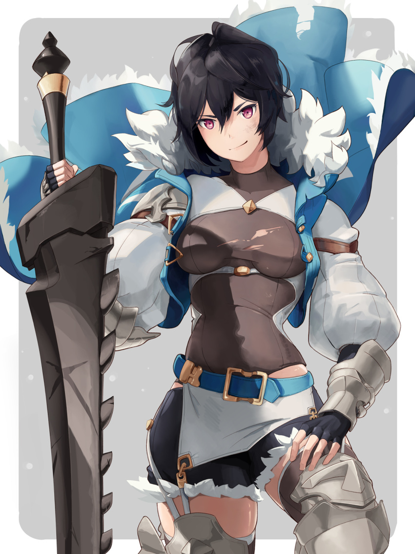 1girl, armored_boots, belt, black_gloves, black_hair, black_shorts, blue_belt, blue_vest, boots, breasts, celliera, cowboy_shot, dragalia_lost, fingerless_gloves, fur-trimmed_vest, garter_straps, gloves, grey_legwear, grey_shirt, hair_between_eyes, highres, kodamazon, long_sleeves, looking_at_viewer, medium_breasts, microskirt, puffy_long_sleeves, puffy_sleeves, shirt, short_shorts, shorts, skirt, smile, smirk, solo, sword, thigh-highs, thighhighs_under_boots, torn_clothes, torn_shirt, vest, violet_eyes, weapon