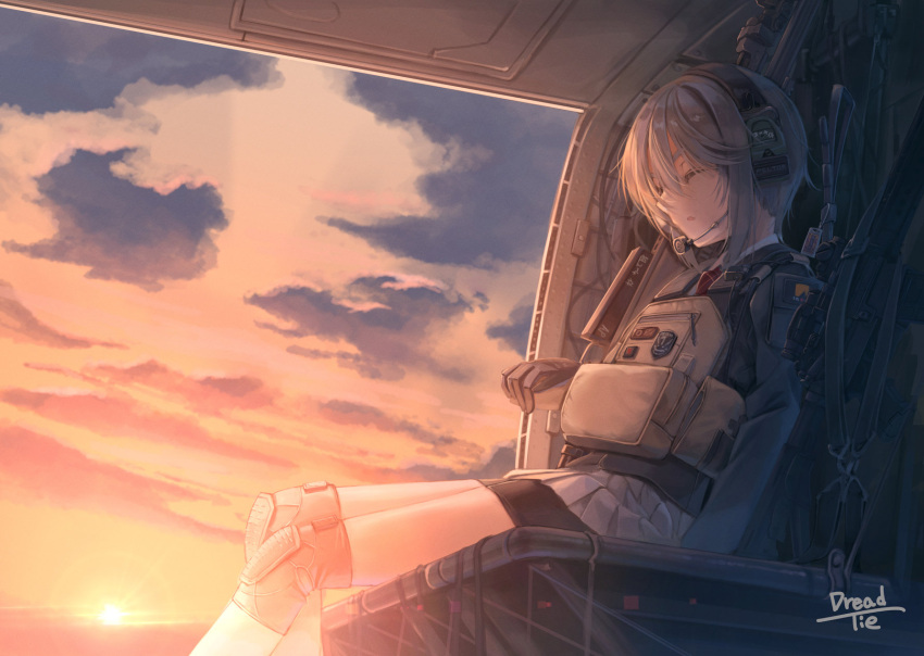 1girl, bangs, bike_shorts, closed_eyes, dreadtie, gloves, grey_hair, gun