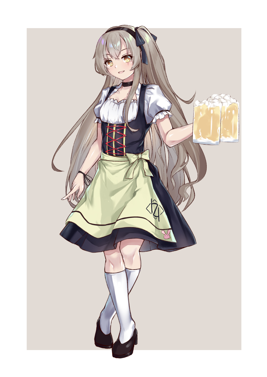 1girl, 404_logo_(girls_frontline), alcohol, barmaid, beer, beer_mug, breasts, commentary_request