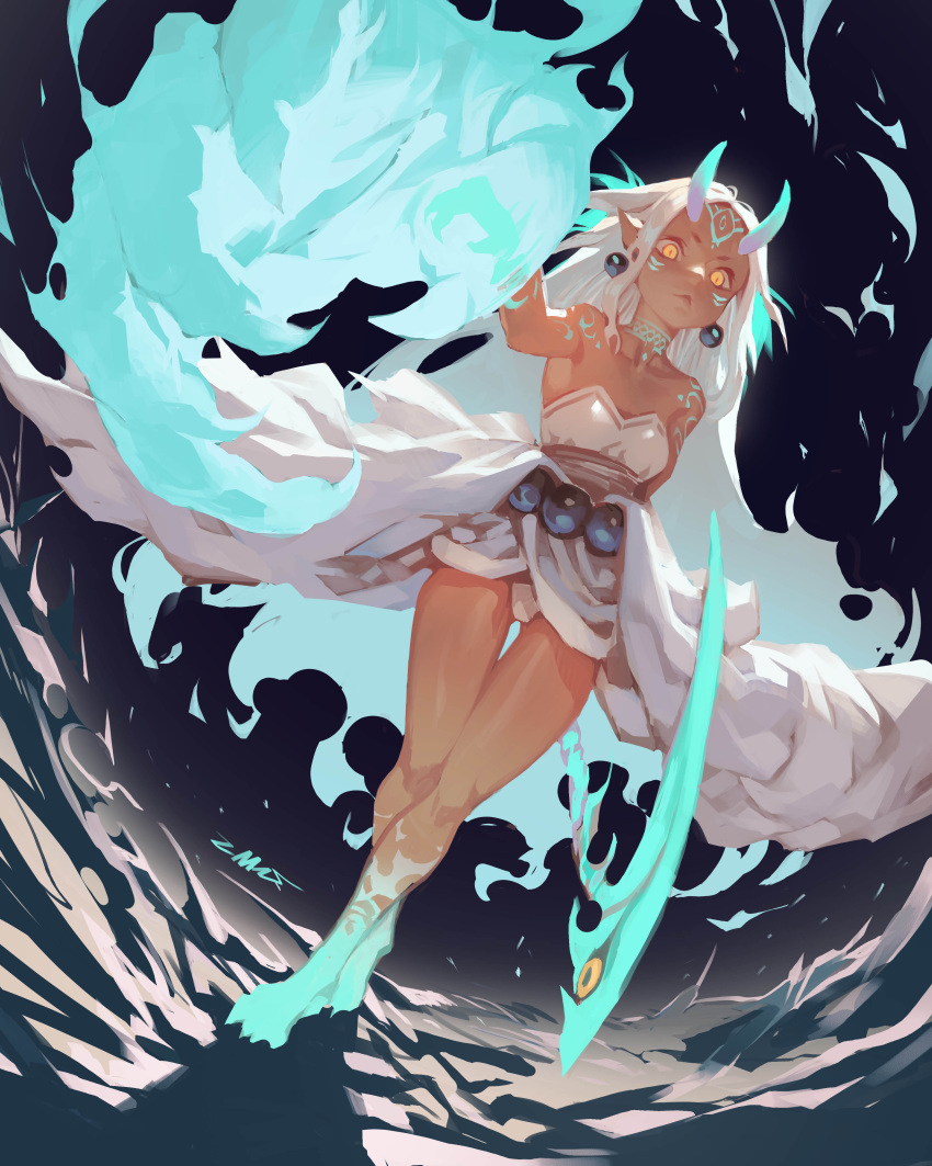 1girl, absurdres, bare_shoulders, barefoot_sandals, earrings, fate/grand_order, fate_(series), fire