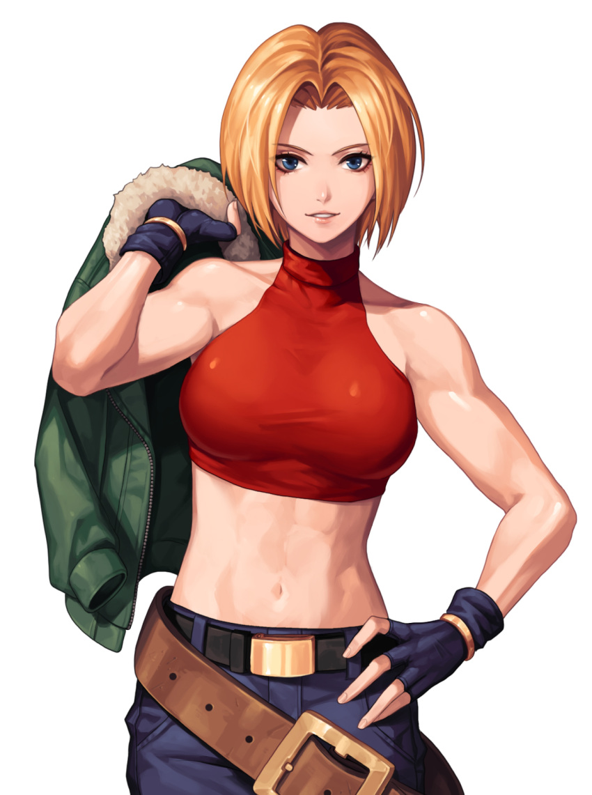 1girl, bangs, bare_shoulders, belt, blonde_hair, blue_eyes, blue_gloves, blue_mary