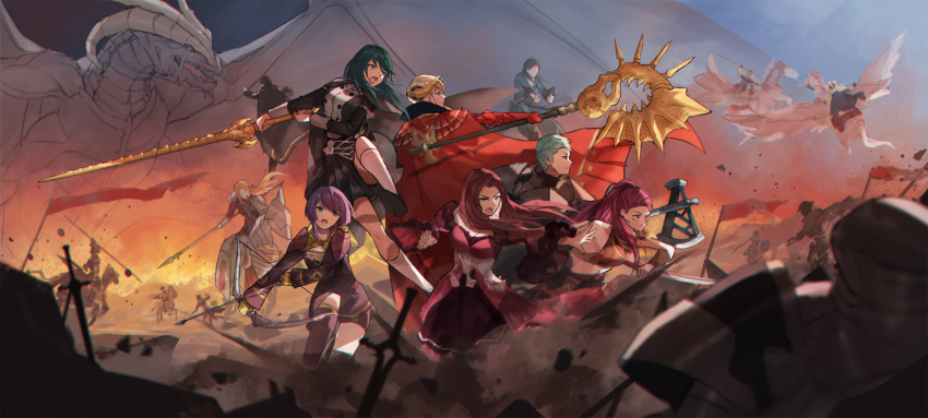3boys, 5girls, armor, arrow, axe, battle, battlefield, bernadetta_von_varley, blue_hair, blurry, bow_(weapon), brown_hair, byleth_(fire_emblem), byleth_eisner_(female), cape, caspar_von_bergliez, depth_of_field, dorothea_arnault, dress, edelgard_von_hresvelg, ferdinand_von_aegir, fire_emblem, fire_emblem:_three_houses, gokuhaaa, green_hair, grey_eyes, highres, holding, holding_weapon, horned_headwear, horse, hubert_von_vestra, linhardt_von_hevring, multiple_boys, multiple_girls, open_mouth, pegasus, pegasus_knight, petra_macneary, polearm, purple_hair, spear, sword, the_immaculate_one, tiara, weapon