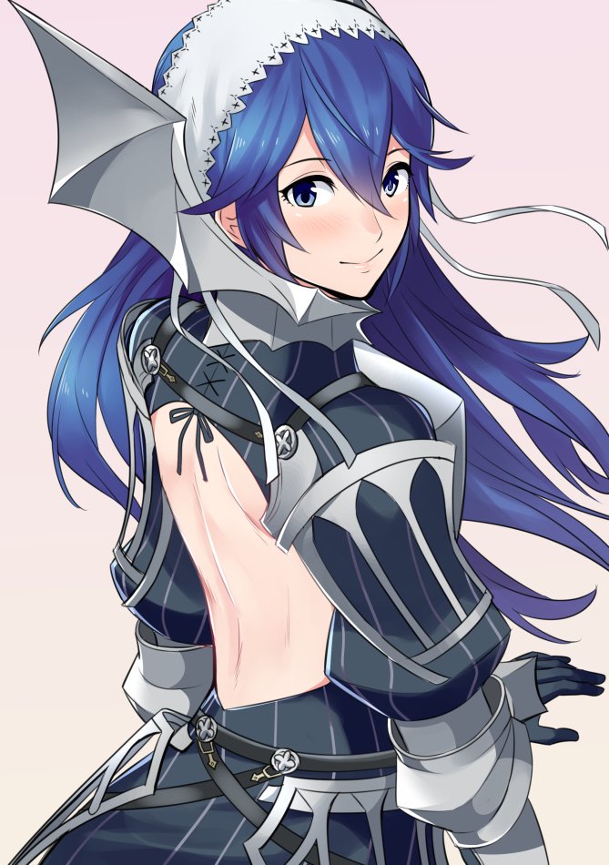 1girl, ameno_(a_meno0), back_cutout, backless_outfit, blue_eyes, blue_hair, blush, cherche_(fire_emblem), cherche_(fire_emblem)_(cosplay), closed_mouth, cosplay, fire_emblem, fire_emblem_awakening, from_behind, gauntlets, long_hair, looking_back, lucina, lucina_(fire_emblem), maid_headdress, serge_(fire_emblem), serge_(fire_emblem)_(cosplay), simple_background, smile, solo, upper_body