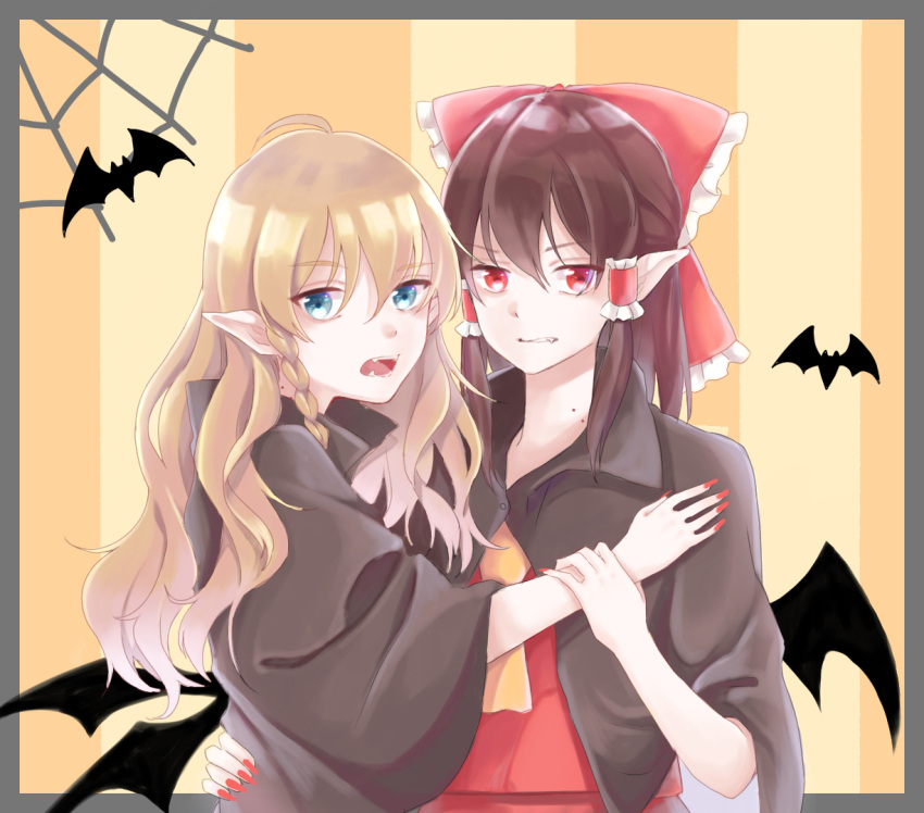 2girls, ahoge, akatsuki_(osamaru36), alternate_eye_color, bat, bat_wings, bite_mark, black_border