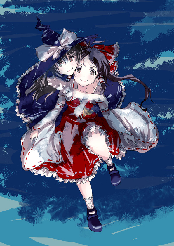 hakurei_reimu, hat, japanese_clothes, kirisame_marisa, miko, namamono, ribbon, ribbons