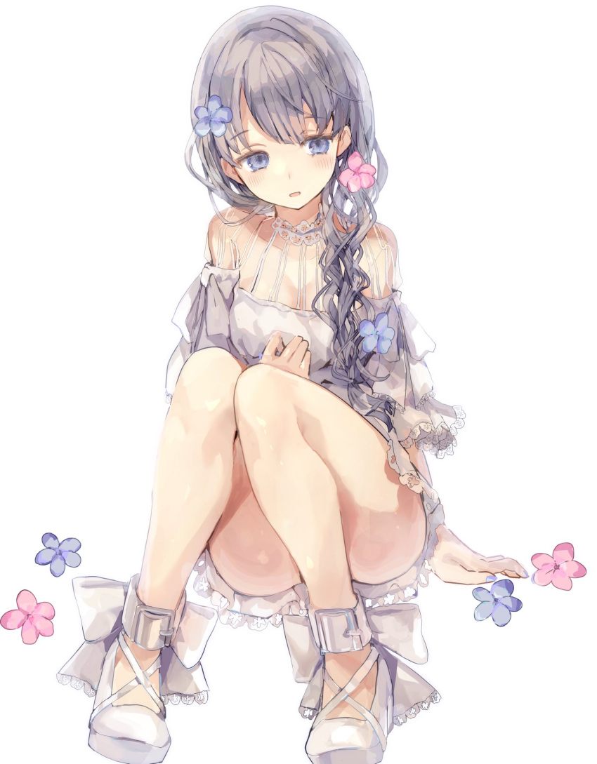 1girl, arm_support, ass, bangs, black_hair, blue_eyes, blue_flower, blue_nails