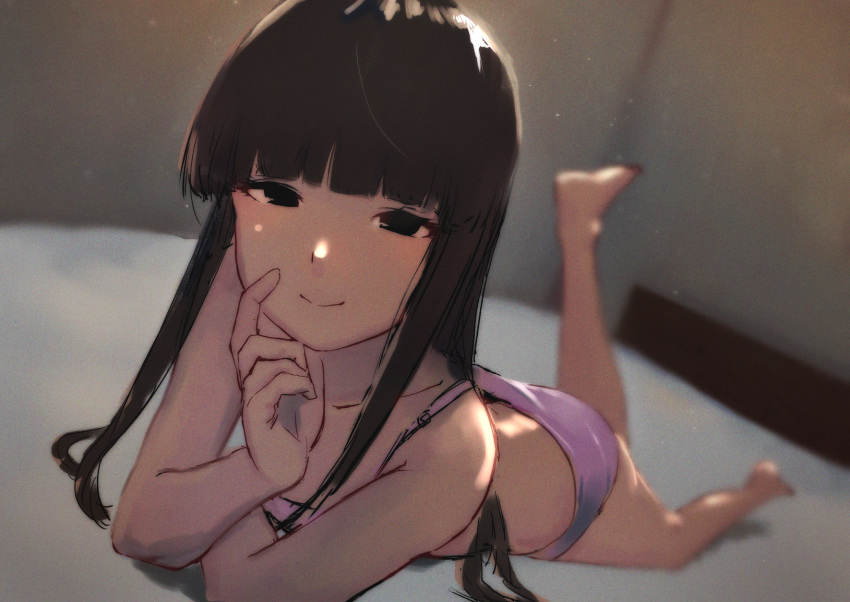 1girl, ass, bangs, bare_shoulders, bed, black_eyes, black_hair, blunt_bangs