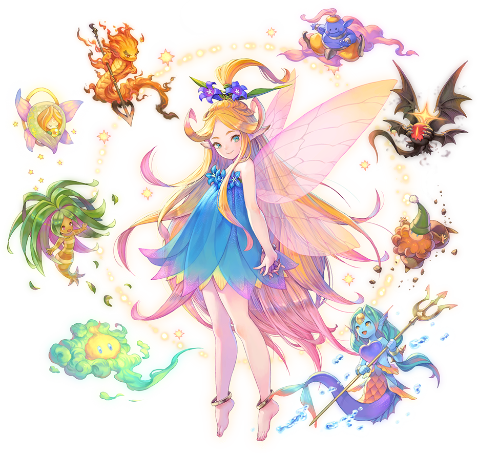 anklet, artist_request, bare_shoulders, blonde_hair, blue_dress, blue_skin, bracelet, closed_mouth, dress, dryad_(seiken_densetsu), faerie_(seiken_densetsu_3), fairy, flower, full_body, gnome_(seiken_densetsu), green_eyes, hair_flower, hair_ornament, hair_up, holding_polearm, interlocked_fingers, jewelry, jinn_(seiken_densetsu), layered_dress, long_hair, looking_at_viewer, luna_(seiken_densetsu), mermaid, monster_girl, official_art, pointy_ears, salamander_(seiken_densetsu), seiken_densetsu, seiken_densetsu_3, shade_(seiken_densetsu), sleeveless, smile, solo_focus, transparent_background, undine_(seiken_densetsu), very_long_hair, will-o'-wisp_(seiken_densetsu)