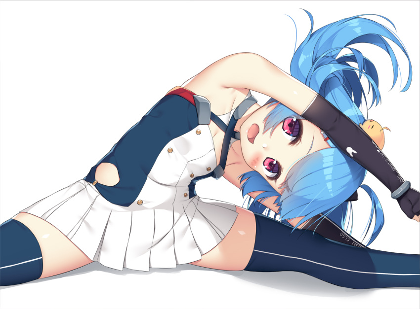 1girl, :d, ahoge, armpits, azur_lane, bangs, bare_shoulders, blue_hair, blush, dress, elbow_gloves, eyebrows_visible_through_hair, fingerless_gloves, flat_chest, flexible, gloves, hair_ornament, hairclip, helena_(azur_lane), highres, little_helena_(azur_lane), long_hair, looking_at_viewer, olive_(laai), open_mouth, pink_eyes, pleated_dress, simple_background, sleeveless, sleeveless_dress, smile, solo, split, spread_legs, stretch, thigh-highs, twintails, younger