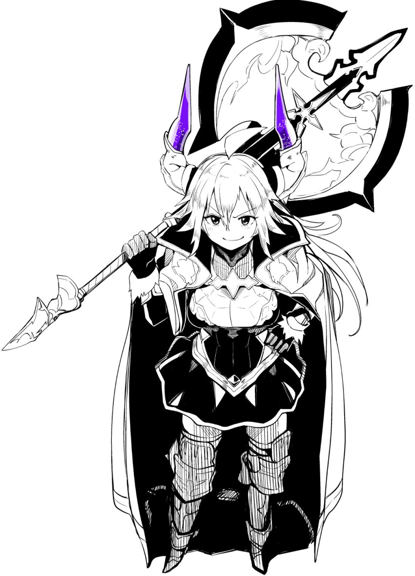 1girl, ahoge, armor, axe, blush, cape, closed_mouth, draph, dress, eyebrows_visible_through_hair, granblue_fantasy, greaves, greyscale, hair_between_eyes, hand_on_hip, highres, holding, holding_axe, holding_weapon, horns, huge_weapon, long_hair, luceva, monochrome, over_shoulder, purple_horns, simple_background, smile, solo, spot_color, thalatha_(granblue_fantasy), weapon, weapon_over_shoulder, white_background