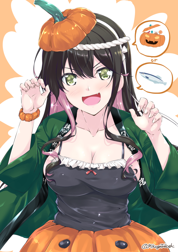 1girl, alternate_costume, bangs, black_hair, blush, breasts, candy, claw_pose