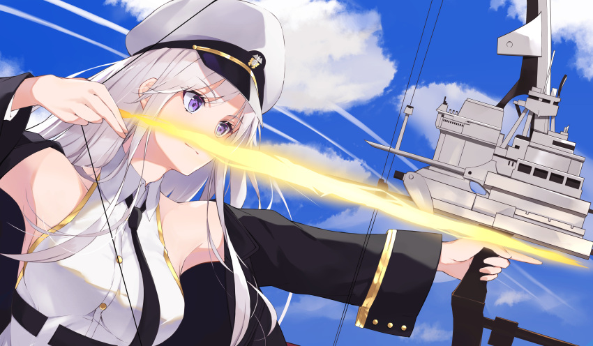 1girl, absurdres, armpits, azur_lane, bare_shoulders, belt, black_coat, blue_sky