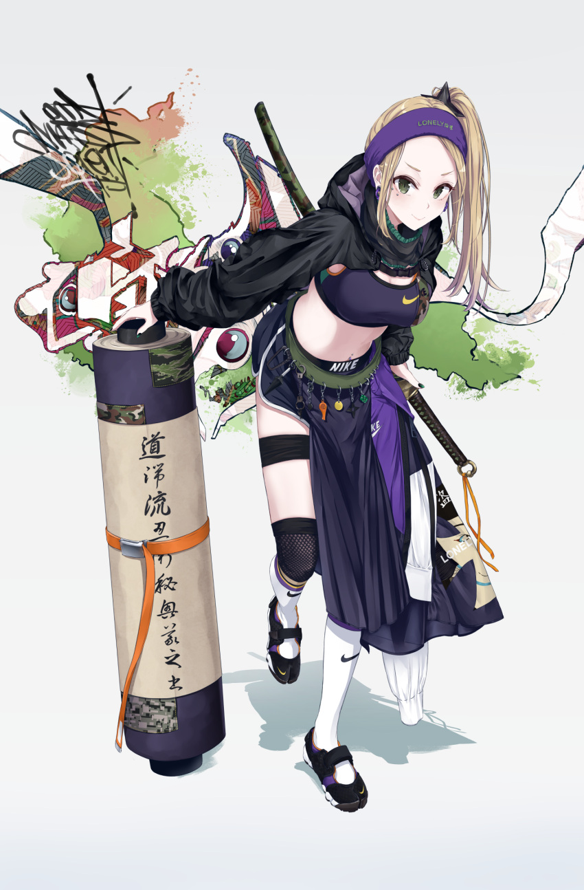 1girl, belt, bent_over, black_shorts, blonde_hair, boyshorts, breasts, chobe_2