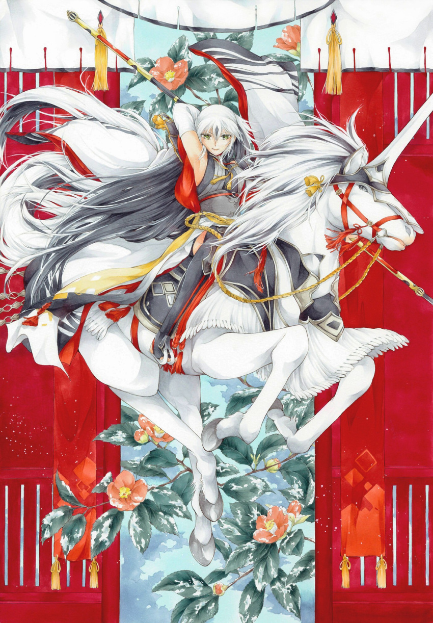 1girl, armpits, black_hair, detached_sleeves, fate/grand_order, fate_(series), flower, green_eyes