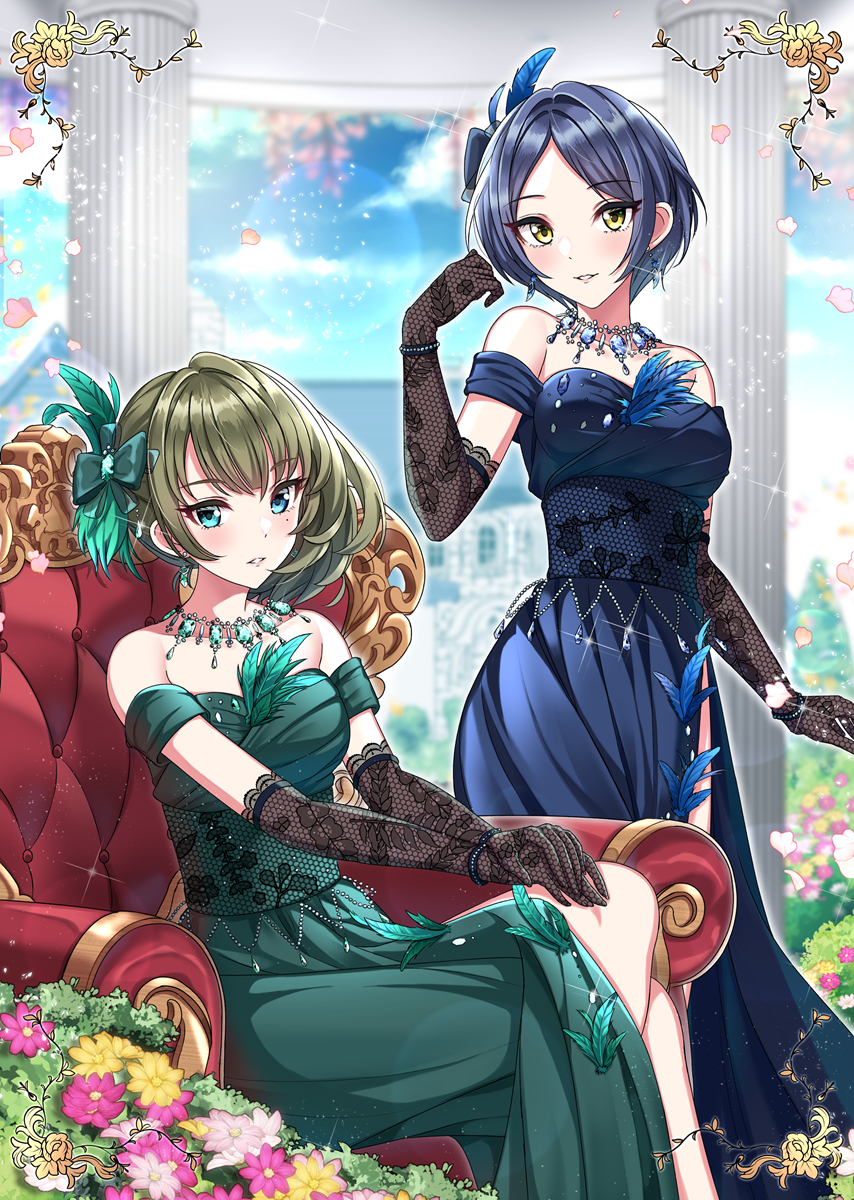2girls, bangs, blue_dress, blue_eyes, blue_feathers, blue_hair, blue_sky, blush