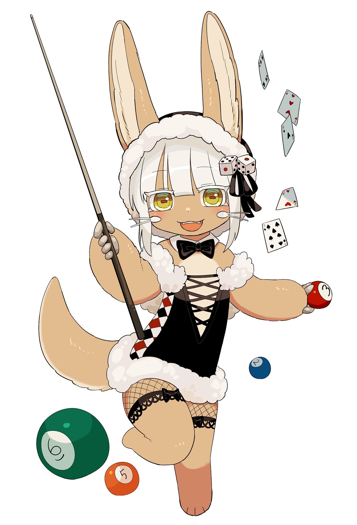 blush, bow, bowtie, card, cue_ball, cue_stick, dice, furry
