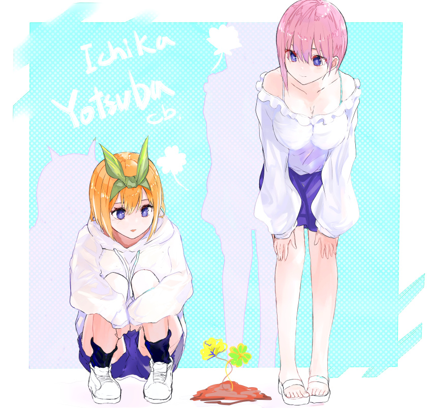 2girls, absurdres, asymmetrical_hair, bent_over, blue_eyes, character_name, clover, four-leaf_clover