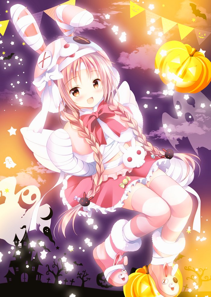 1girl, :d, akane_mimi, animal, animal_ears, animal_hat, bandaged_arm, bandaged_hands