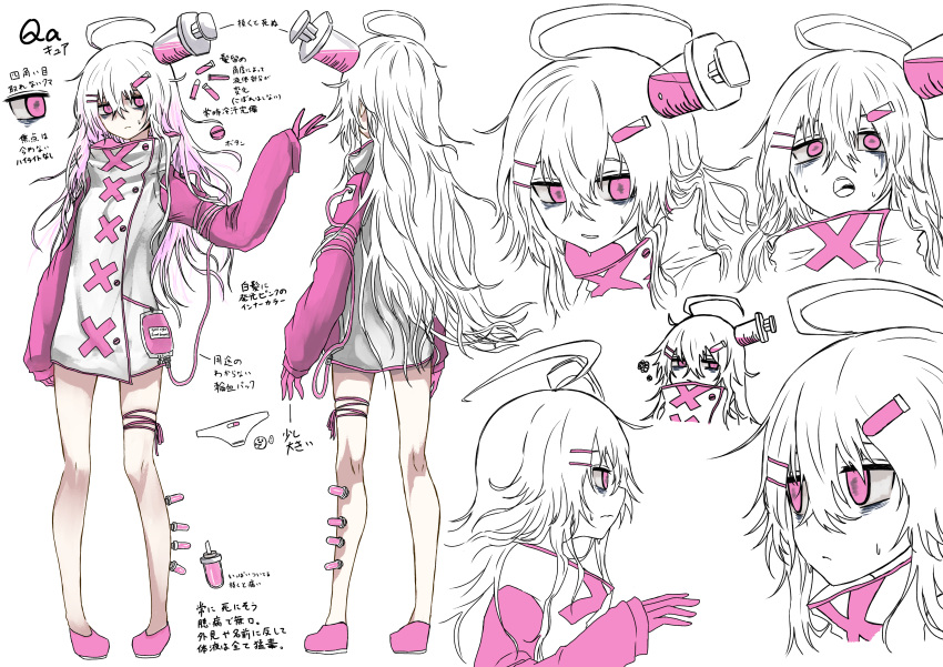 1girl, absurdres, ahoge, bags_under_eyes, bangs, character_sheet, closed_mouth, dress