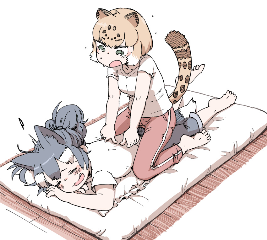 2girls, absurdres, alternate_costume, alternate_hairstyle, animal_ears, arm_rest, bare_arms, barefoot
