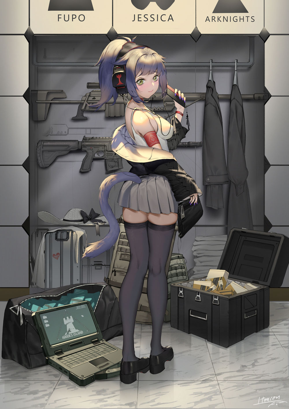 1girl, arknights, armband, assault_rifle, battle_rifle, black_legwear, bolt_action, breasts