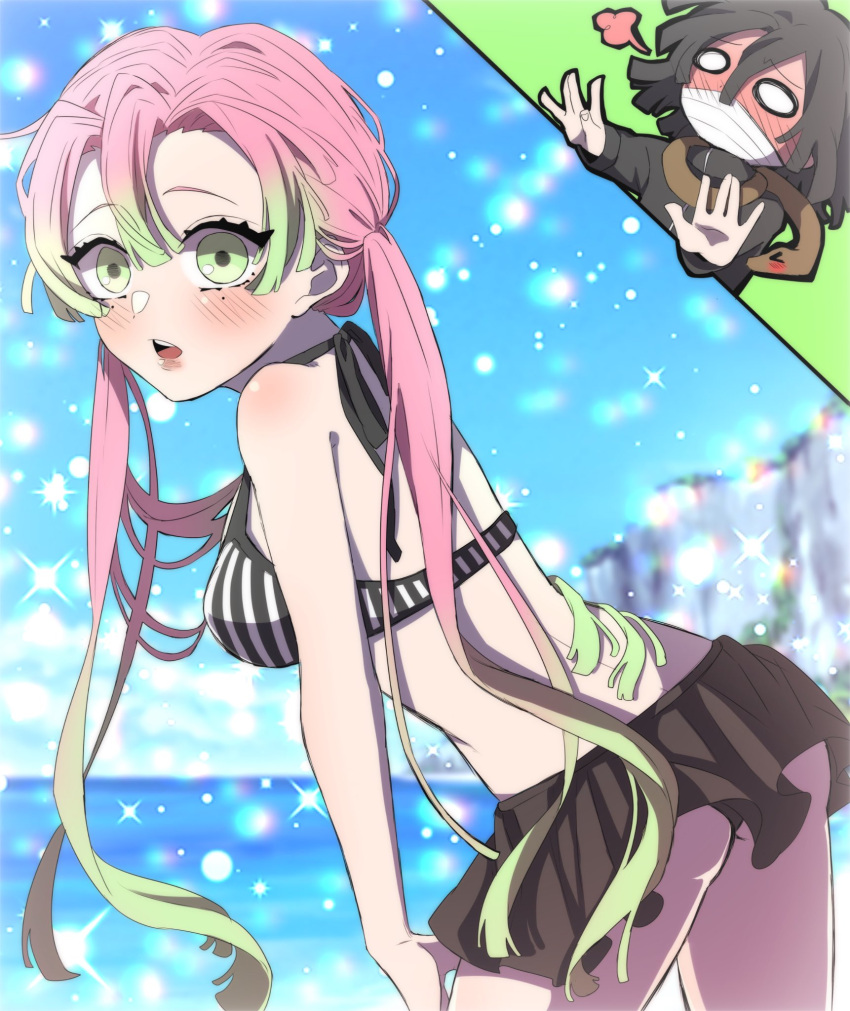 1boy, 1girl, :o, bikini, bikini_skirt, black_bikini, black_hair, black_skirt