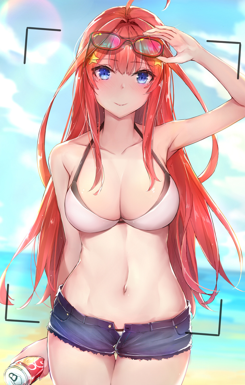 1girl, bikini_top, breasts, can, denim, denim_shorts, go-toubun_no_hanayome, highres