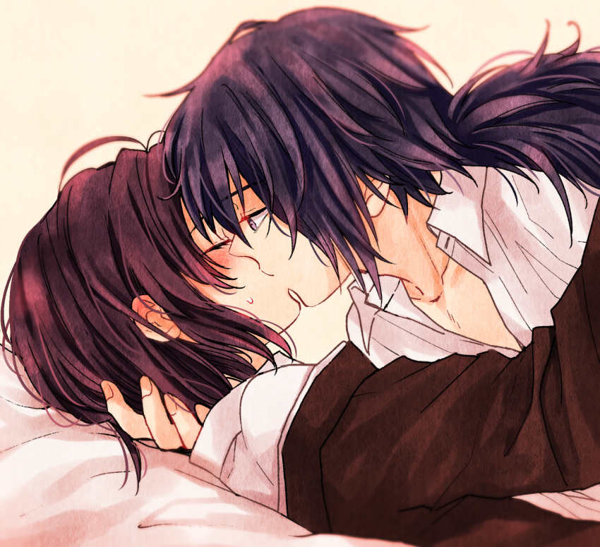 1boy, 1girl, ahoge, black_hair, blush, closed_eyes, collarbone, highres, kimetsu_no_yaiba, kiss, kochou_shinobu, long_hair, long_sleeves, lying, mutospectacle, on_back, sweatdrop, tomioka_giyuu