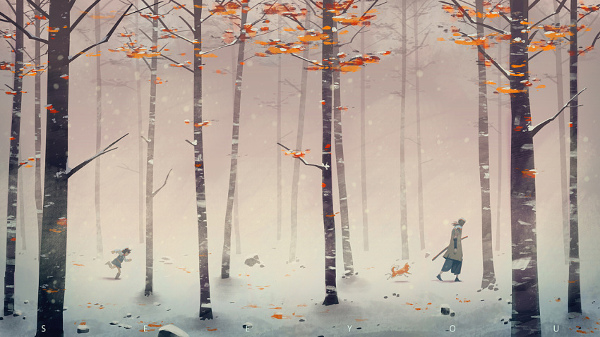 2boys, animal, black_hair, blizzard, dog, katana, kotarou_(stranger), multiple_boys, nanashi_(stranger), outdoors, ponytail, rock, running, scabbard, see_you, sheath, sheathed, shiba_inu, signature, silhouette, snow, snowing, stranger_mukou_hadan, sword, tobimaru_(stranger), tree, walking, weapon, wind