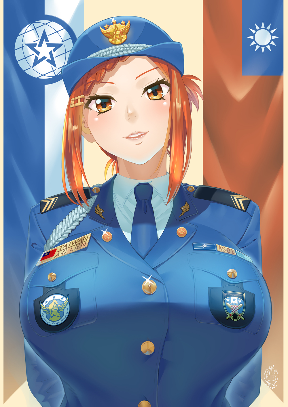 1girl, aiguillette, arms_behind_back, blue_jacket, blue_neckwear, braid, breasts, buttons