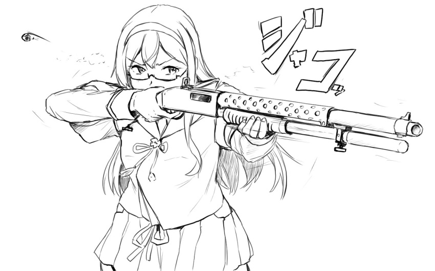 1girl, aiming, commentary_request, eyebrows_visible_through_hair, glasses, greyscale, gun, hairband
