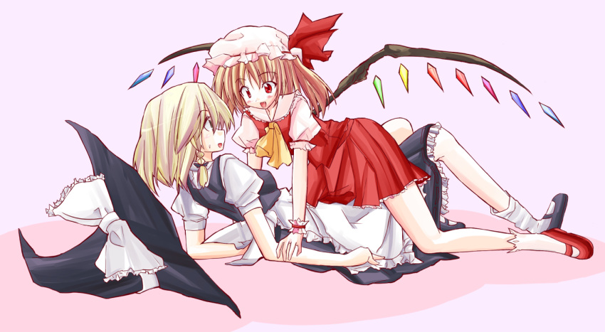 blonde_hair, flandre_scarlet, hat, kirisame_marisa, long_hair, multiple_girls, ponytail, ribbon, ribbons, sai_koro, short_hair, touhou, wings