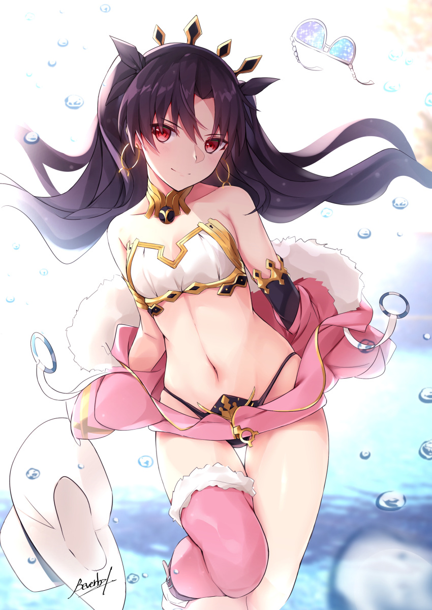 1girl, absurdres, bangs, bare_shoulders, bee_doushi, bikini, black_bikini_bottom, black_hair