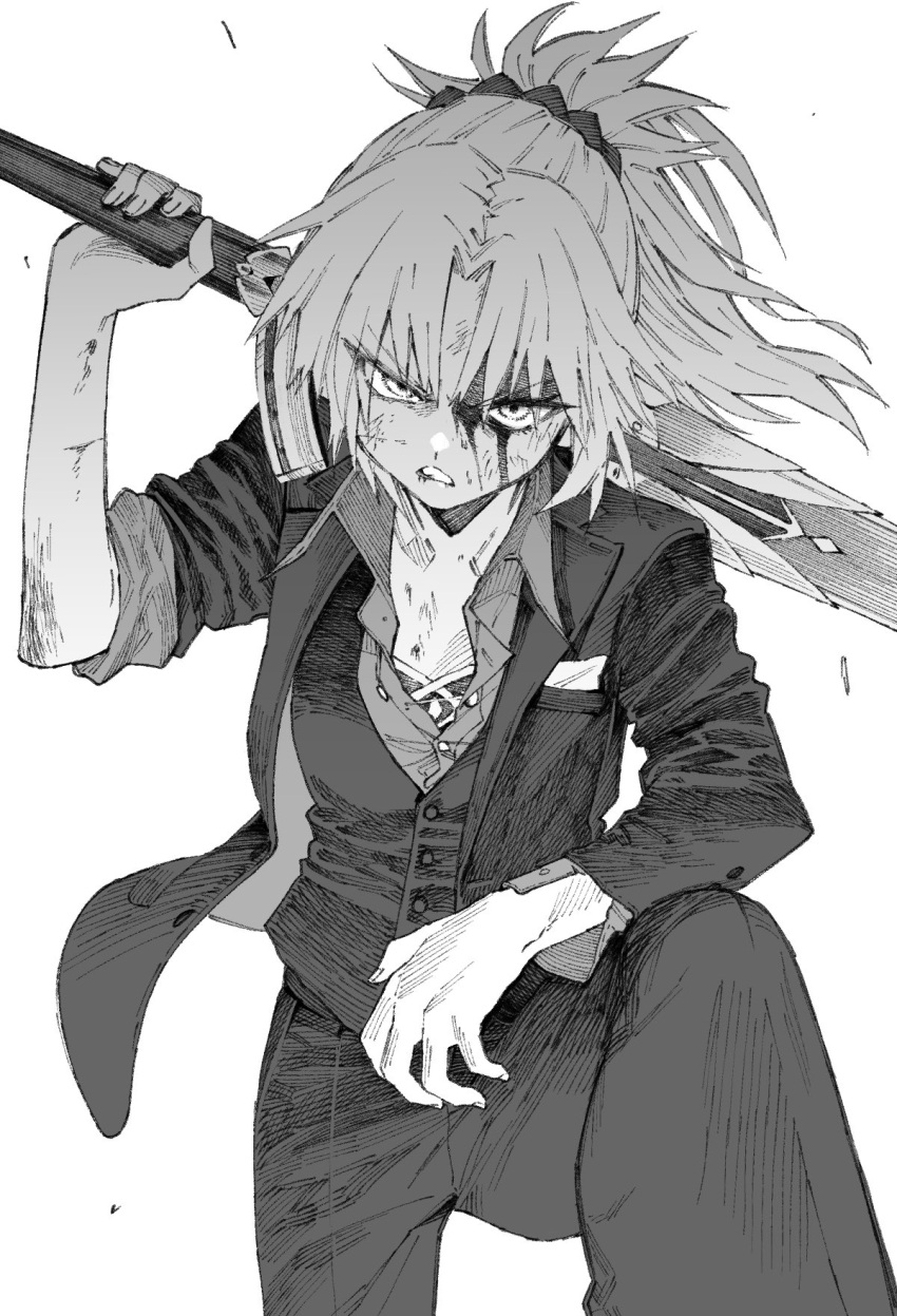 1girl, blood, blood_on_face, bruise, clarent, fate/apocrypha, fate/grand_order, fate_(series), formal, frown, greyscale, highres, injury, maki_keigo, monochrome, mordred_(fate), mordred_(fate)_(all), over_shoulder, ponytail, suit, sword, weapon, weapon_over_shoulder, white_background
