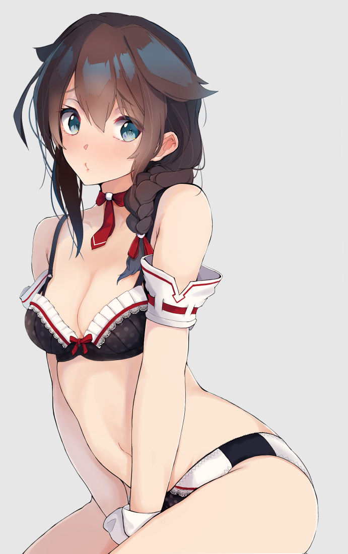 1girl, blue_eyes, blush, bra, braid, breasts, brown_hair, closed_mouth