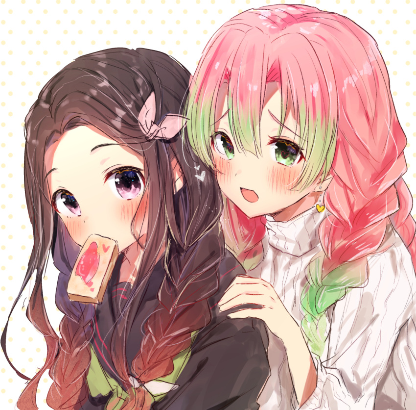 2girls, alternate_hairstyle, bangs, black_hair, black_sailor_collar, black_shirt, brown_hair, earrings